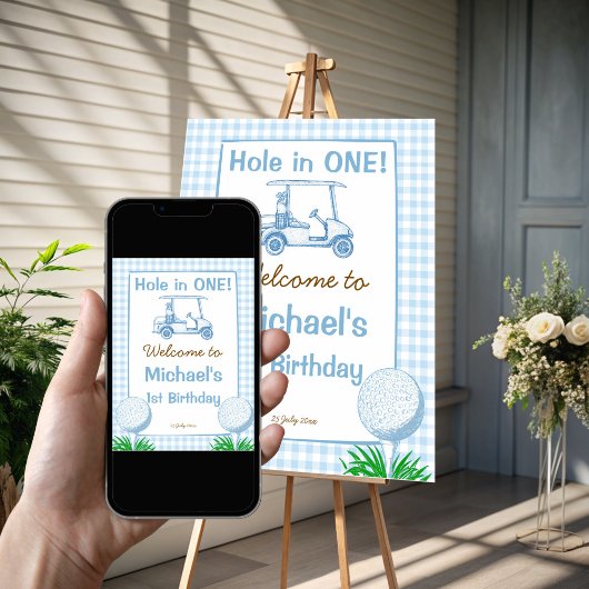 1つの青いゴルフのホール1st誕生日ウェルカムサイン ポスター