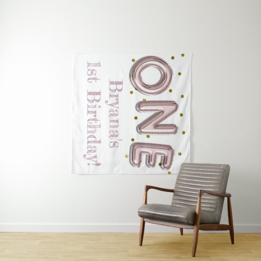 1つの風船 ピンクとゴールドのパーティー写真用背景 タペストリー (インサイチュ(横))