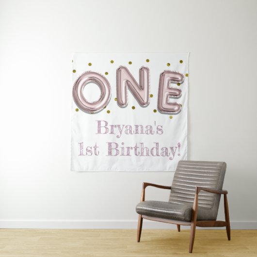 1つの風船 ピンクとゴールドのパーティー写真用背景 タペストリー (インサイチュ)