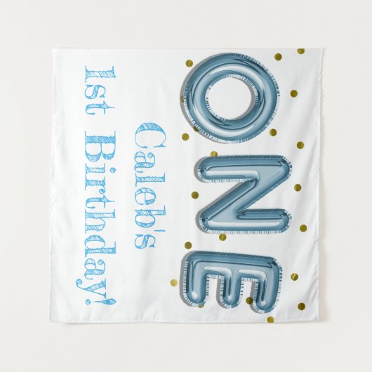 1つの風船 青と金のパーティー写真用背景 タペストリー (正面(横))