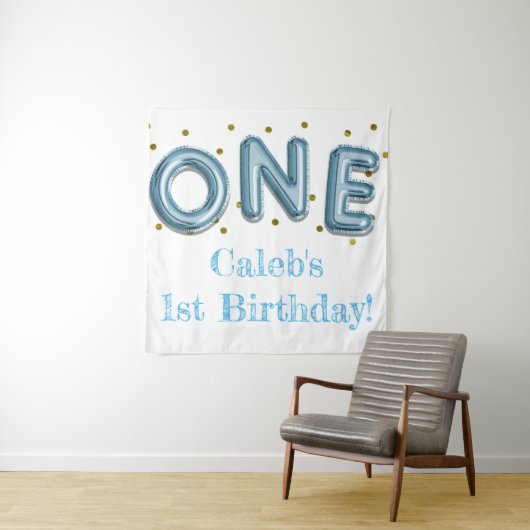 1つの風船 青と金のパーティー写真用背景 タペストリー (インサイチュ)