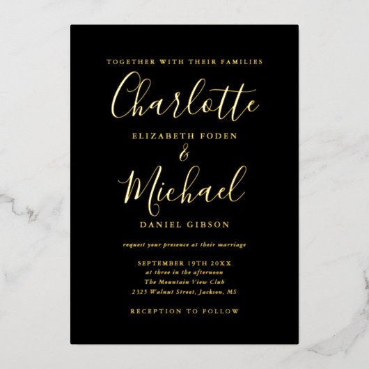 1つの黒い金ゴールドの署名 箔招待状 (正面)