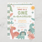 1つのA-saurus恐竜キッドの1番目の誕生日パーティー 招待状 (正面/裏面)