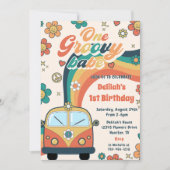 1つのGroovy Babeレトロフローラ1st誕生日パーティー 招待状 (正面)