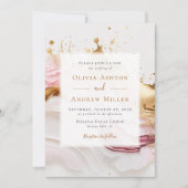 1つのQRにユニーク抽象芸術金ゴールドがピンク結婚色 招待状 (正面)