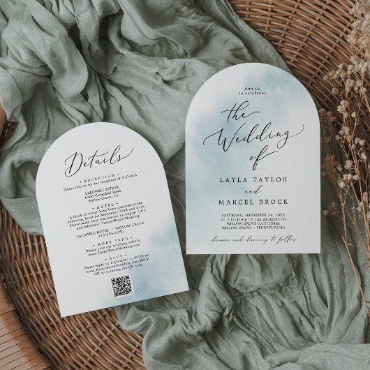 1つのQRアーチで水彩青結婚洗い 招待状