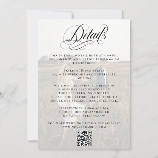 1つのQRコーエレガントドに含まれる上品な写結婚真 招待状 (裏面)