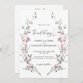 1つのQRコードにワイルドフラワーほこりっぽいピンク結婚色 招待状 (正面/裏面)