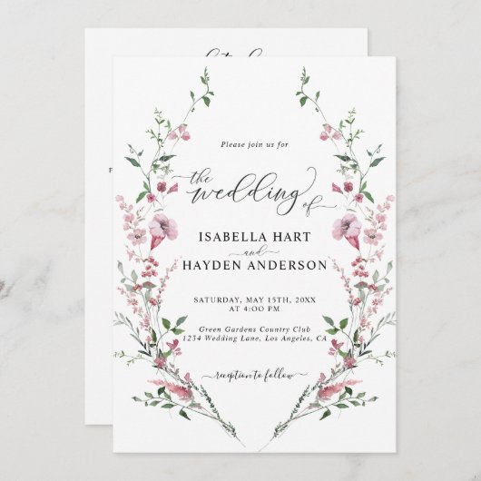 1つのQRコードにワイルドフラワーほこりっぽいピンク結婚色 招待状 (正面/裏面)