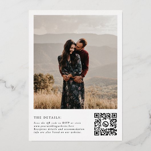 1つのQRコードに光沢のあるすべて白黒写真結婚 箔招待状 (裏面)