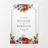 1つのQRコードに赤いバラのフローラフレーム結婚すべて 三つ折り招待状 (カバー)