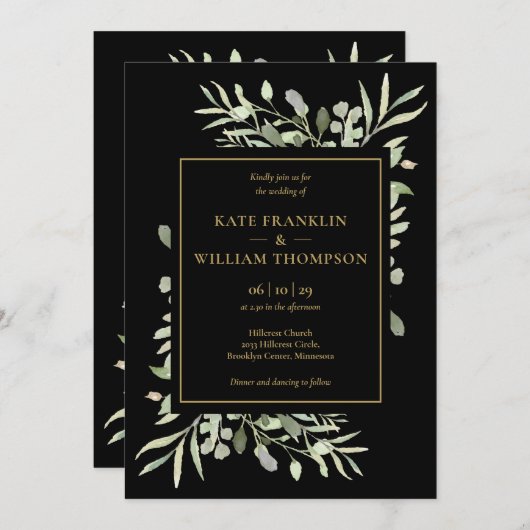 1つのQRコードに黒と金ゴールドの緑をすべて結婚含む 招待状 (正面/裏面)