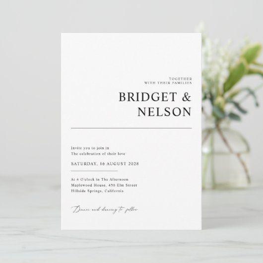 1つのQRコードのミニマル黒全結婚体 招待状 (スタンド正面)