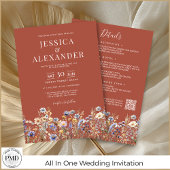 1つのQRコードの中のテラコッタ結婚ワイルドフラワー 招待状