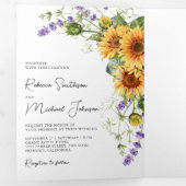 1つのQRコード内のヒマワリ結婚ラベンダー 三つ折り招待状 (内部最初)