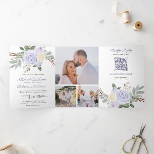 1つのQRコード内の埃っぽい紫のフローラ結婚すべて 三つ折り招待状 (内部)