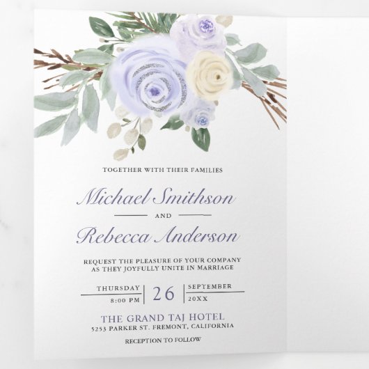 1つのQRコード内の埃っぽい紫のフローラ結婚すべて 三つ折り招待状 (内部最初)