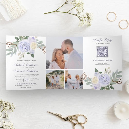 1つのQRコード内の埃っぽい紫のフローラ結婚すべて 三つ折り招待状