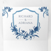 1つのQRコード内の埃っぽい青いフローラクレスト結婚すべて 三つ折り招待状 (内部最初)