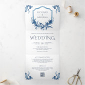 1つのQRコード内の埃っぽい青いフローラクレスト結婚すべて 三つ折り招待状 (内部)