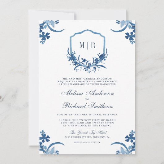 1つのQRコード内の埃っぽい青いフローラクレスト結婚すべて 招待状 (正面)