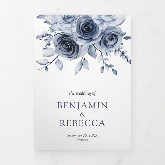 1つのQRコード内の埃っぽい青いフローラ結婚すべて 三つ折り招待状 (カバー)