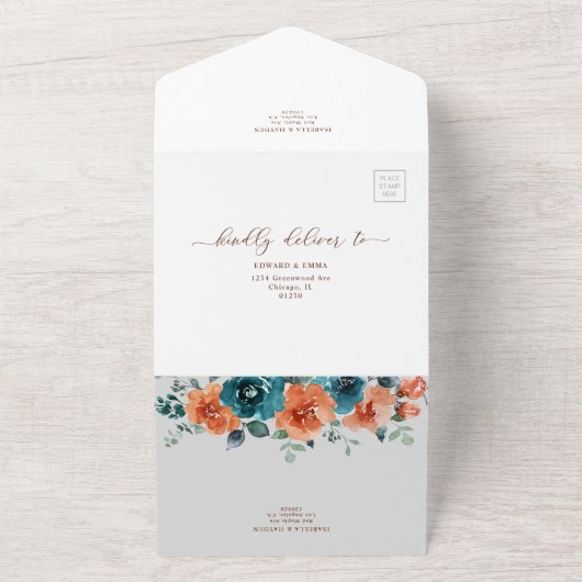 1つのRSVPに燃えたオレンジ結婚色のティール（緑がかった色）フローラの全て オールインワン招待状 (外側)