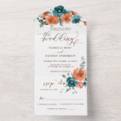 1つのRSVPに燃えたオレンジ結婚色のティール(緑がかった色)フローラの全て オールインワン招待状 (内側)