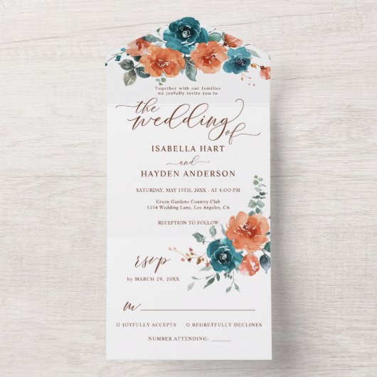 1つのRSVPに燃えたオレンジ結婚色のティール（緑がかった色）フローラの全て オールインワン招待状 (内側)