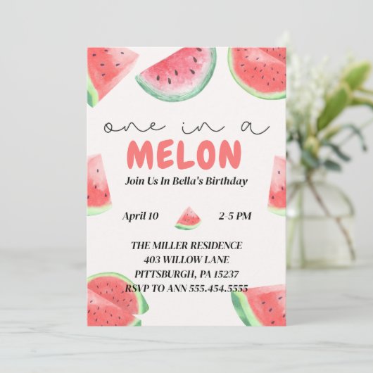 1つはメロンのスイカ誕生日招待状 招待状 (スタンド正面)