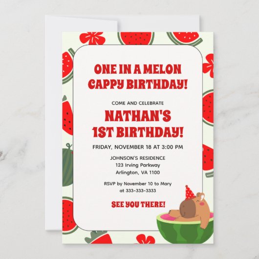1つはメロンカプピー誕生日キッズおもしろいカピバラ 招待状 (正面)