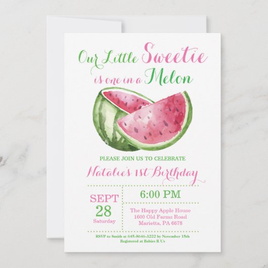 1つはメロンスイカ最初の誕生日招待状 招待状 (正面)