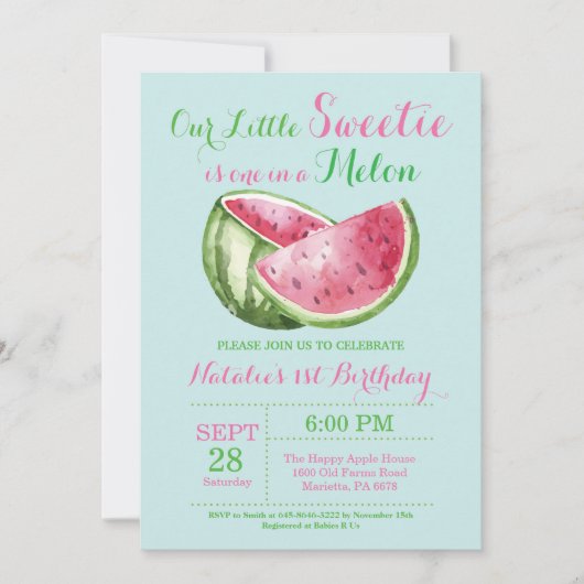 1つはメロンスイカ最初の誕生日招待状 招待状 (正面)