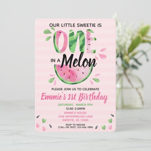 1つはメロン小さな女の子最初の誕生日招待状 招待状 (スタンド正面)