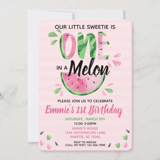 1つはメロン小さな女の子最初の誕生日招待状 招待状 (正面)