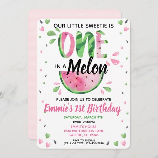 1つはメロン小さな女の子最初の誕生日招待状 招待状 (正面/裏面)