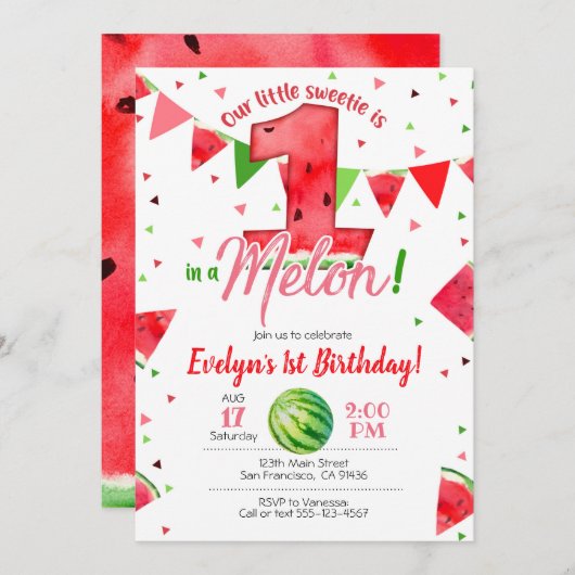 1つはメロン招待状、スイカ1歳の誕生日 招待状 (正面/裏面)