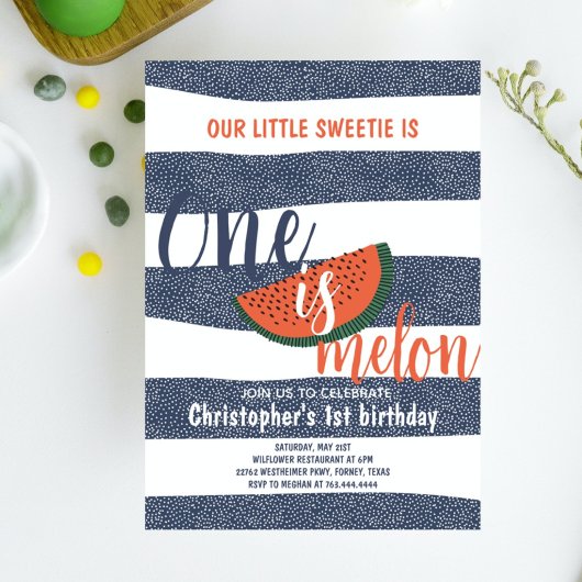 1つはメロン1歳の誕生日かわいいスイカストライプの 招待状