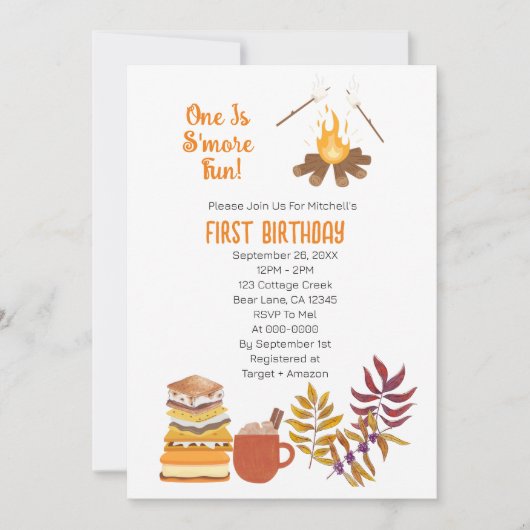1つはSmoreおもしろいキャンプファイア最初の誕生日写真 招待状 (正面)