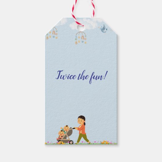 1つプラス1つは2倍のおもしろいツインベイビーシャワー ギフトタグ (正面)