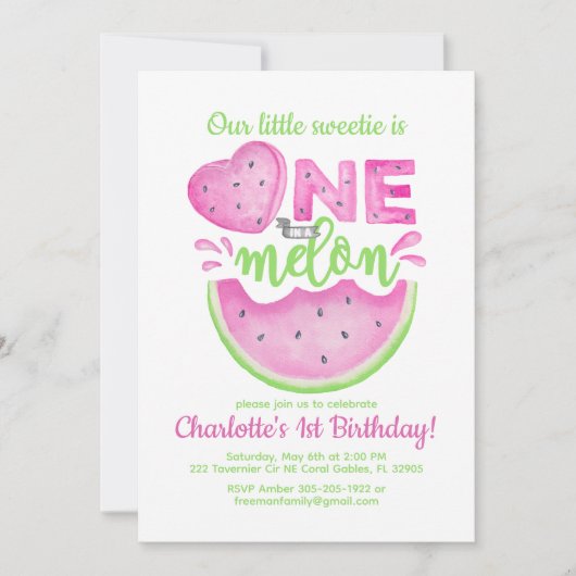 1つメロンの1つ目の誕生日ガール招待状 招待状 (正面)