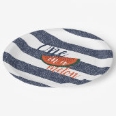 1つメロンの1つ目の誕生日男の赤ちゃんブルーストライプの ペーパープレート (アングル)