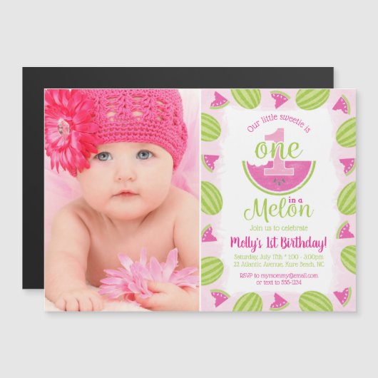 1つメロンの1つ1つ誕生日の水彩写真 マグネット招待状 (正面/裏面)