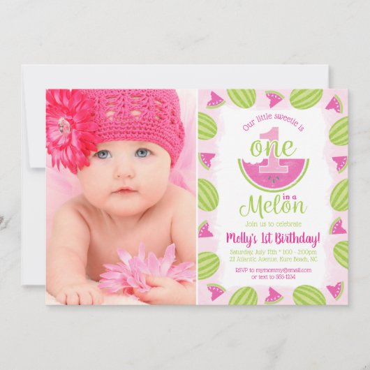 1つメロンの1つ1つ誕生日の水彩写真 招待状 (正面)