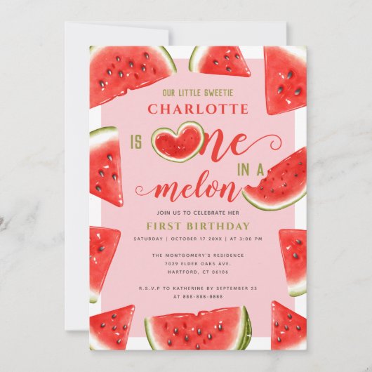 1つメロンの1つ1つ誕生日の甘いスイカピンク 招待状 (正面)