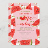 1つメロンの1つ1つ誕生日の甘いスイカピンク 招待状 (正面/裏面)