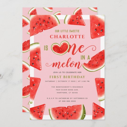 1つメロンの1つ1つ誕生日の甘いスイカピンク 招待状 (正面/裏面)