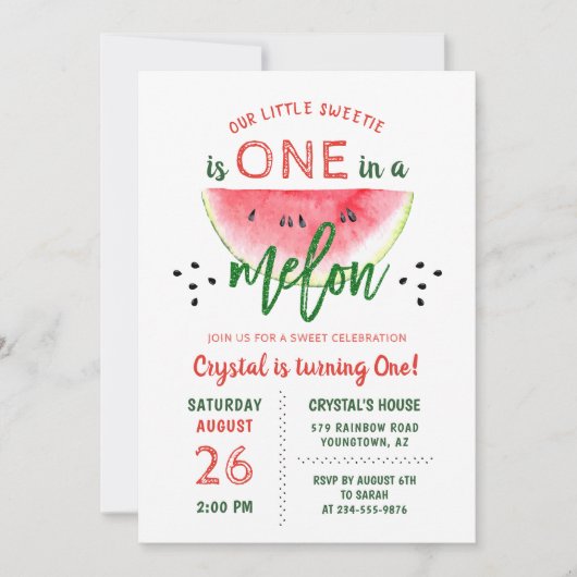 1つメロングリッタースイカ最初の誕生日 招待状 (正面)