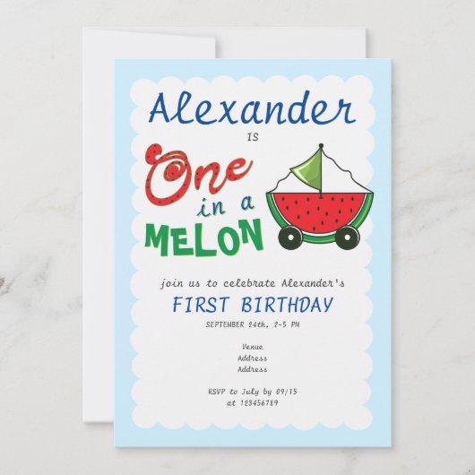 1つメロンブルーかわいいボートおもちゃプル1st誕生日 招待状 (正面)