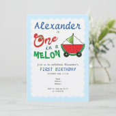 1つメロンブルーかわいいボートおもちゃプル1st誕生日 招待状 (スタンド正面)